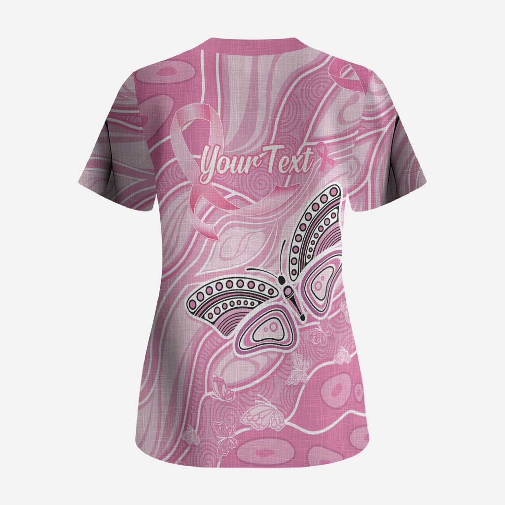 Australia Breast Cancer Awareness Personalised Scrub Top Butterfly Pink Ribbon Aboriginal Art