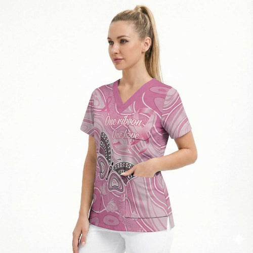 Australia Breast Cancer Awareness Personalised Scrub Top Butterfly Pink Ribbon Aboriginal Art