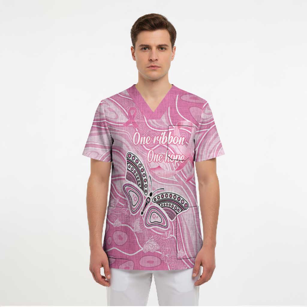 Australia Breast Cancer Awareness Personalised Scrub Top Butterfly Pink Ribbon Aboriginal Art