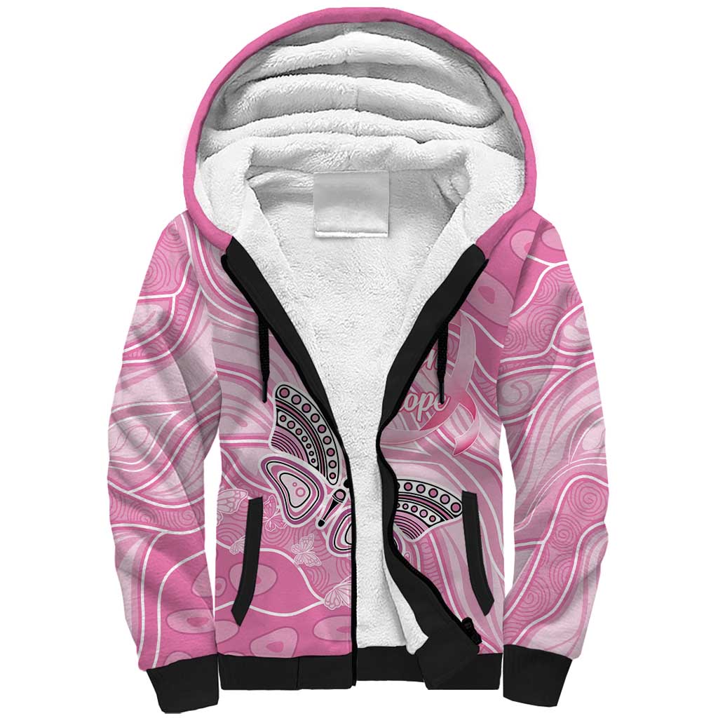 Australia Breast Cancer Awareness Personalised Sherpa Hoodie Butterfly Pink Ribbon Aboriginal Art