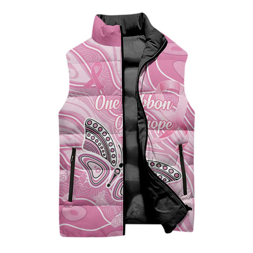 Australia Breast Cancer Awareness Personalised Sleeveless Puffer Jacket Butterfly Pink Ribbon Aboriginal Art