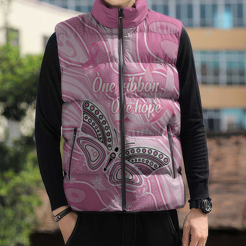 Australia Breast Cancer Awareness Personalised Sleeveless Puffer Jacket Butterfly Pink Ribbon Aboriginal Art