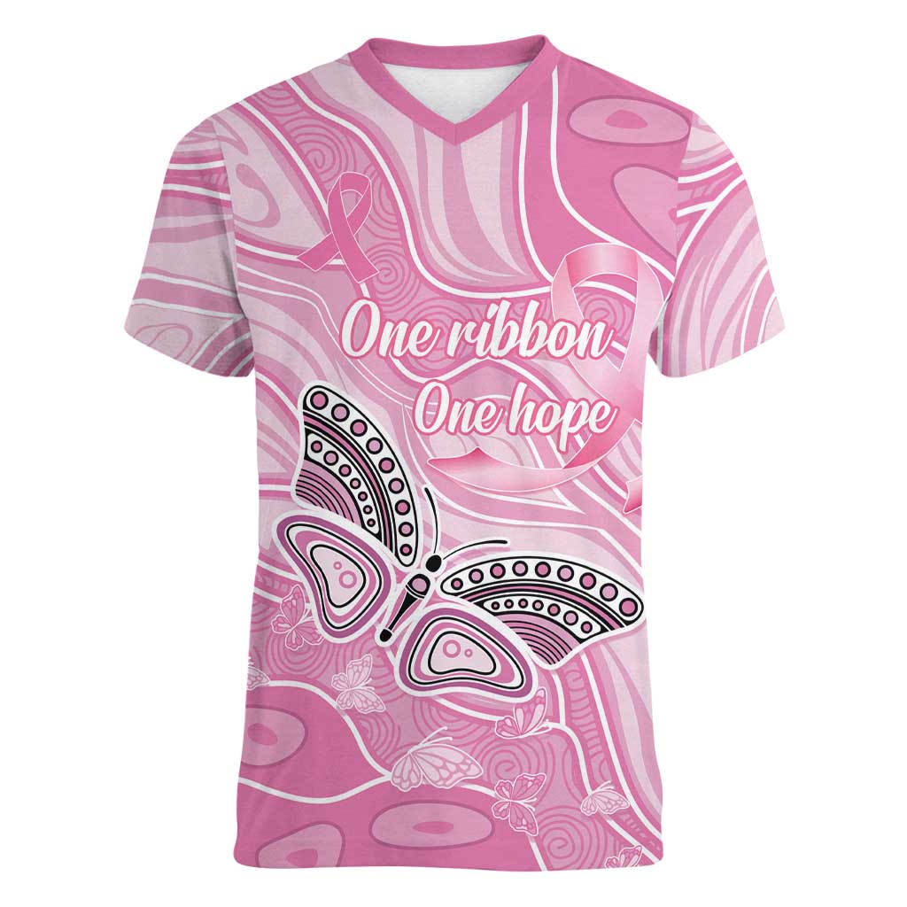 Australia Breast Cancer Awareness Personalised Women V-Neck T-Shirt Butterfly Pink Ribbon Aboriginal Art