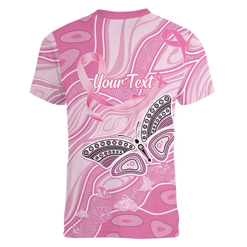 Australia Breast Cancer Awareness Personalised Women V-Neck T-Shirt Butterfly Pink Ribbon Aboriginal Art