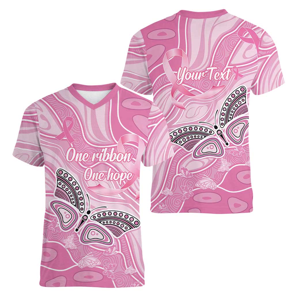 Australia Breast Cancer Awareness Personalised Women V-Neck T-Shirt Butterfly Pink Ribbon Aboriginal Art