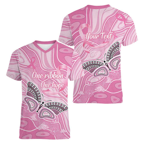 Australia Breast Cancer Awareness Personalised Women V-Neck T-Shirt Butterfly Pink Ribbon Aboriginal Art