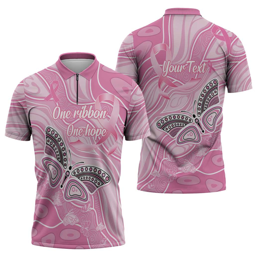 Australia Breast Cancer Awareness Personalised Zipper Polo Shirt Butterfly Pink Ribbon Aboriginal Art