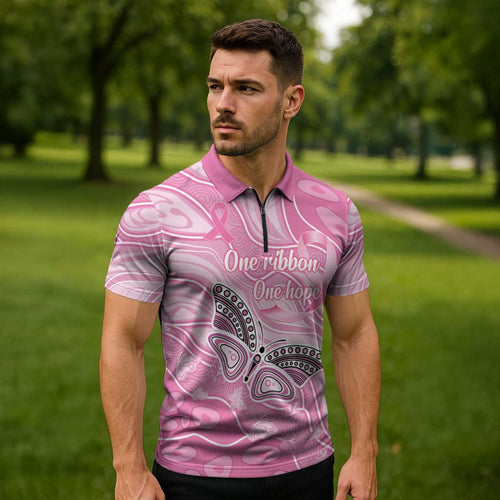 Australia Breast Cancer Awareness Personalised Zipper Polo Shirt Butterfly Pink Ribbon Aboriginal Art