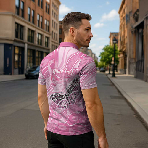Australia Breast Cancer Awareness Personalised Zipper Polo Shirt Butterfly Pink Ribbon Aboriginal Art