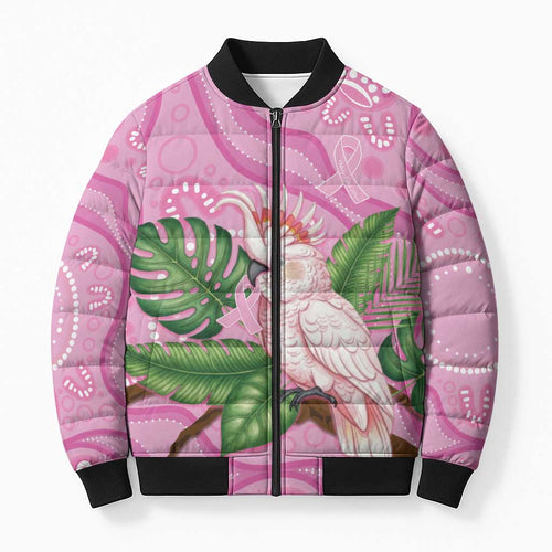 Australia Breast Cancer Awareness Bomber Puffer Jacket Pink Cockatoo Ribbon Aboriginal Dot Art