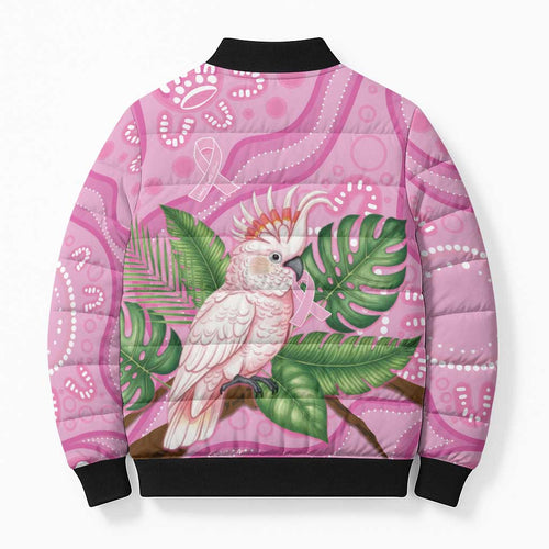 Australia Breast Cancer Awareness Bomber Puffer Jacket Pink Cockatoo Ribbon Aboriginal Dot Art