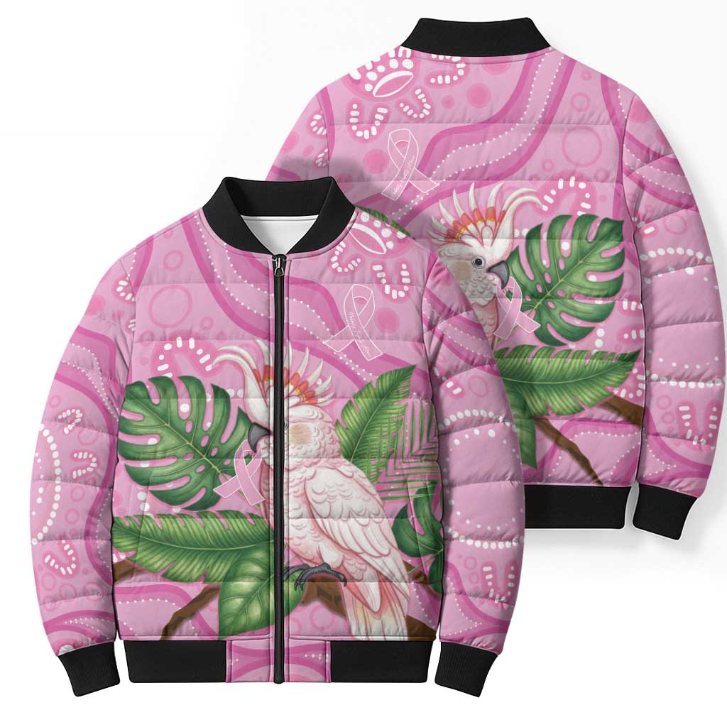 Australia Breast Cancer Awareness Bomber Puffer Jacket Pink Cockatoo Ribbon Aboriginal Dot Art