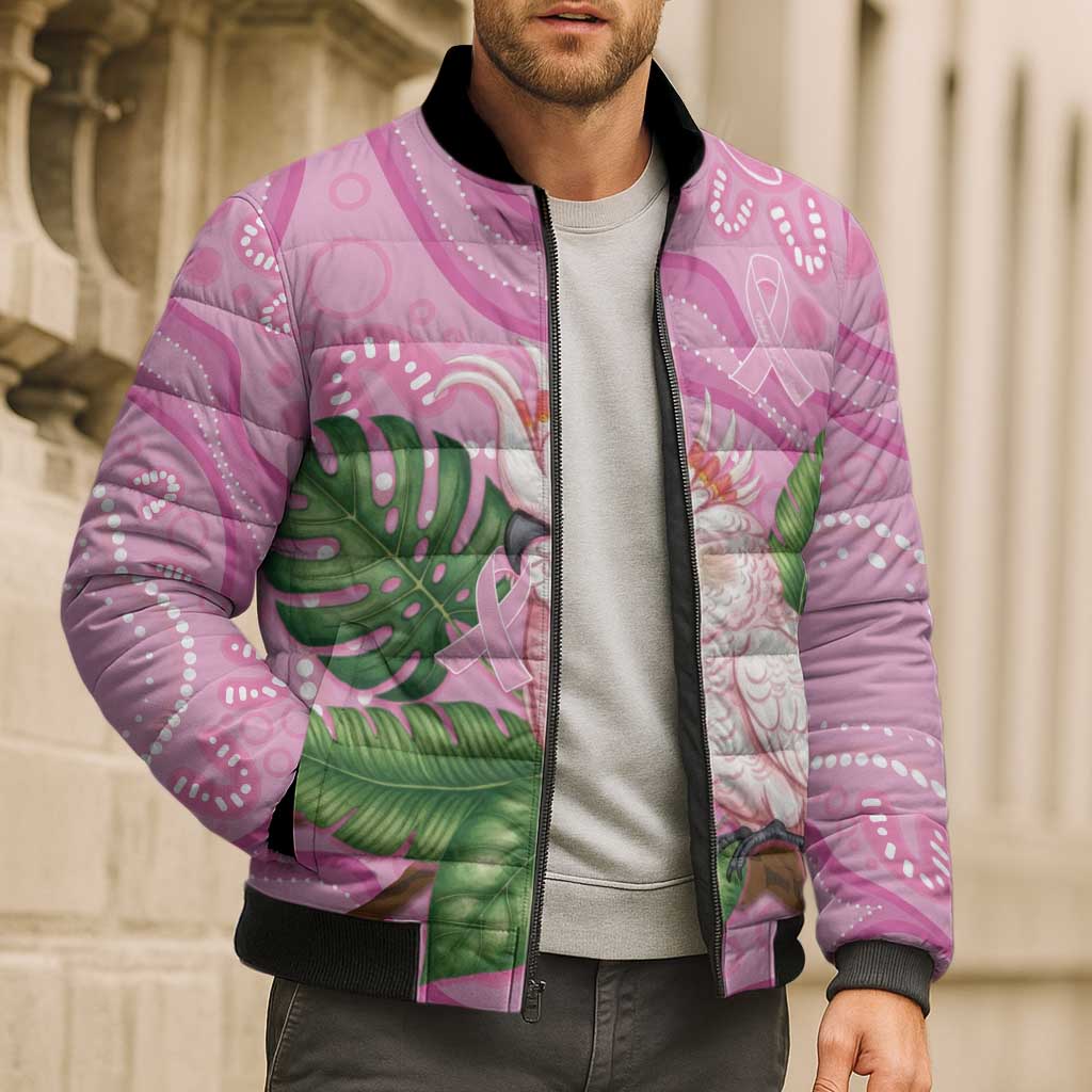 Australia Breast Cancer Awareness Bomber Puffer Jacket Pink Cockatoo Ribbon Aboriginal Dot Art