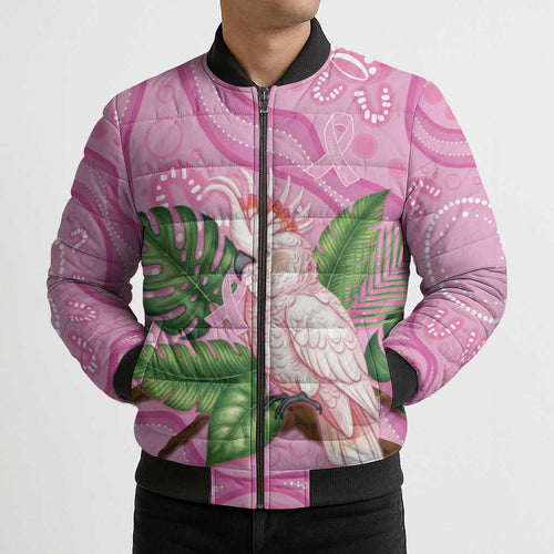 Australia Breast Cancer Awareness Bomber Puffer Jacket Pink Cockatoo Ribbon Aboriginal Dot Art