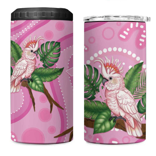 Australia Breast Cancer Awareness 4 in 1 Can Cooler Tumbler Pink Cockatoo Ribbon Aboriginal Dot Art