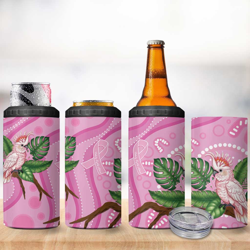 Australia Breast Cancer Awareness 4 in 1 Can Cooler Tumbler Pink Cockatoo Ribbon Aboriginal Dot Art