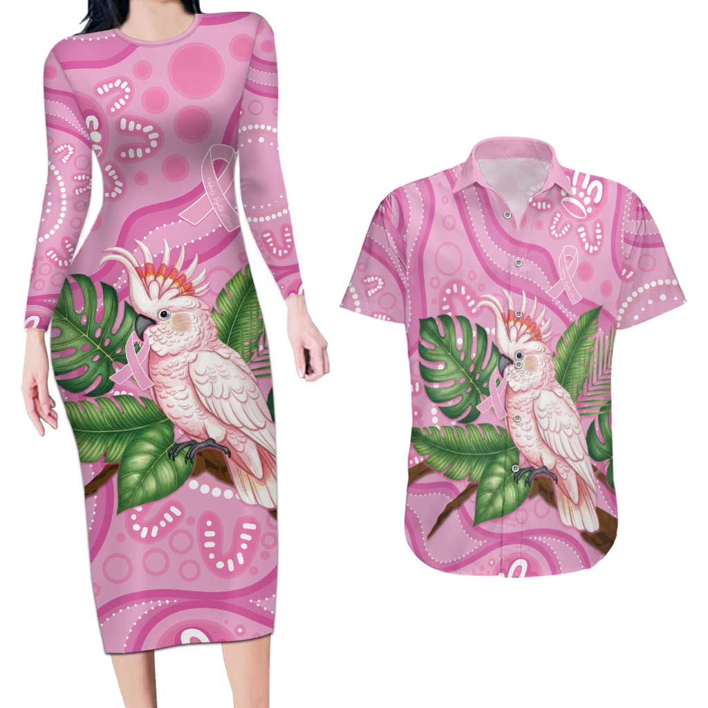 Australia Breast Cancer Awareness Couples Matching Long Sleeve Bodycon Dress and Hawaiian Shirt Pink Cockatoo Ribbon Aboriginal Dot Art