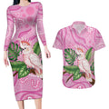 Australia Breast Cancer Awareness Couples Matching Long Sleeve Bodycon Dress and Hawaiian Shirt Pink Cockatoo Ribbon Aboriginal Dot Art