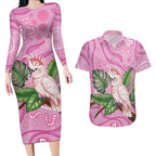 Australia Breast Cancer Awareness Couples Matching Long Sleeve Bodycon Dress and Hawaiian Shirt Pink Cockatoo Ribbon Aboriginal Dot Art