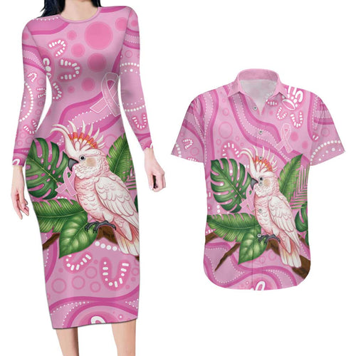 Australia Breast Cancer Awareness Couples Matching Long Sleeve Bodycon Dress and Hawaiian Shirt Pink Cockatoo Ribbon Aboriginal Dot Art