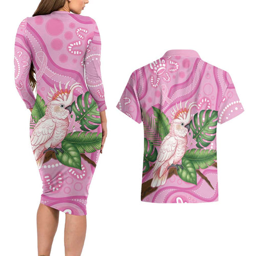 Australia Breast Cancer Awareness Couples Matching Long Sleeve Bodycon Dress and Hawaiian Shirt Pink Cockatoo Ribbon Aboriginal Dot Art