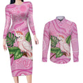 Australia Breast Cancer Awareness Couples Matching Long Sleeve Bodycon Dress and Long Sleeve Button Shirt Pink Cockatoo Ribbon Aboriginal Dot Art