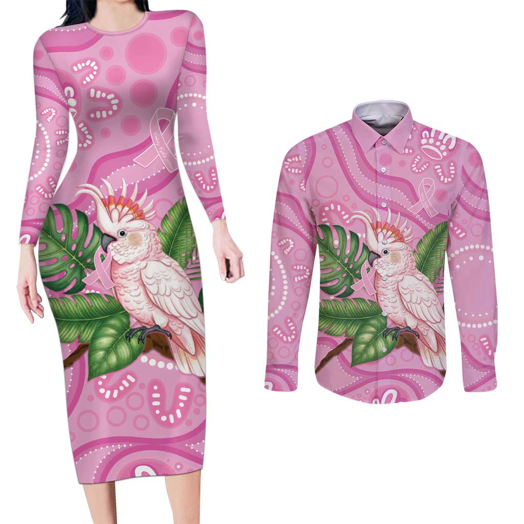 Australia Breast Cancer Awareness Couples Matching Long Sleeve Bodycon Dress and Long Sleeve Button Shirt Pink Cockatoo Ribbon Aboriginal Dot Art