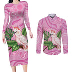 Australia Breast Cancer Awareness Couples Matching Long Sleeve Bodycon Dress and Long Sleeve Button Shirt Pink Cockatoo Ribbon Aboriginal Dot Art