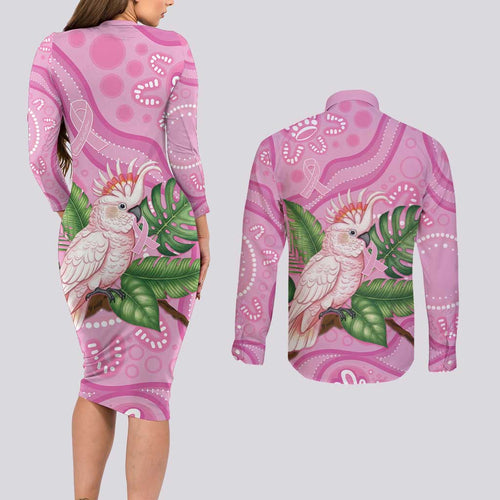 Australia Breast Cancer Awareness Couples Matching Long Sleeve Bodycon Dress and Long Sleeve Button Shirt Pink Cockatoo Ribbon Aboriginal Dot Art