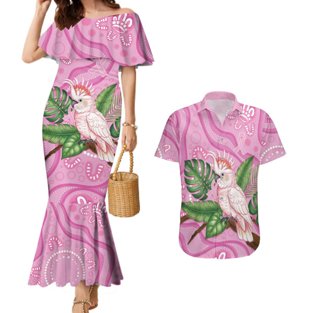 Australia Breast Cancer Awareness Couples Matching Mermaid Dress and Hawaiian Shirt Pink Cockatoo Ribbon Aboriginal Dot Art