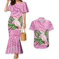 Australia Breast Cancer Awareness Couples Matching Mermaid Dress and Hawaiian Shirt Pink Cockatoo Ribbon Aboriginal Dot Art