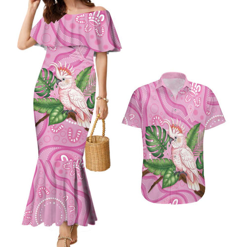 Australia Breast Cancer Awareness Couples Matching Mermaid Dress and Hawaiian Shirt Pink Cockatoo Ribbon Aboriginal Dot Art