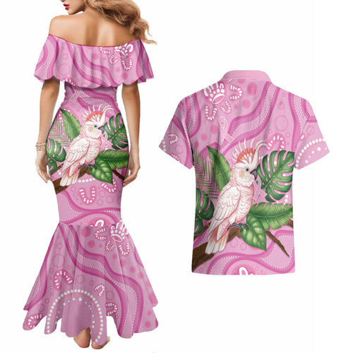 Australia Breast Cancer Awareness Couples Matching Mermaid Dress and Hawaiian Shirt Pink Cockatoo Ribbon Aboriginal Dot Art