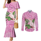 Australia Breast Cancer Awareness Couples Matching Mermaid Dress and Long Sleeve Button Shirt Pink Cockatoo Ribbon Aboriginal Dot Art
