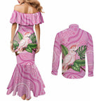Australia Breast Cancer Awareness Couples Matching Mermaid Dress and Long Sleeve Button Shirt Pink Cockatoo Ribbon Aboriginal Dot Art