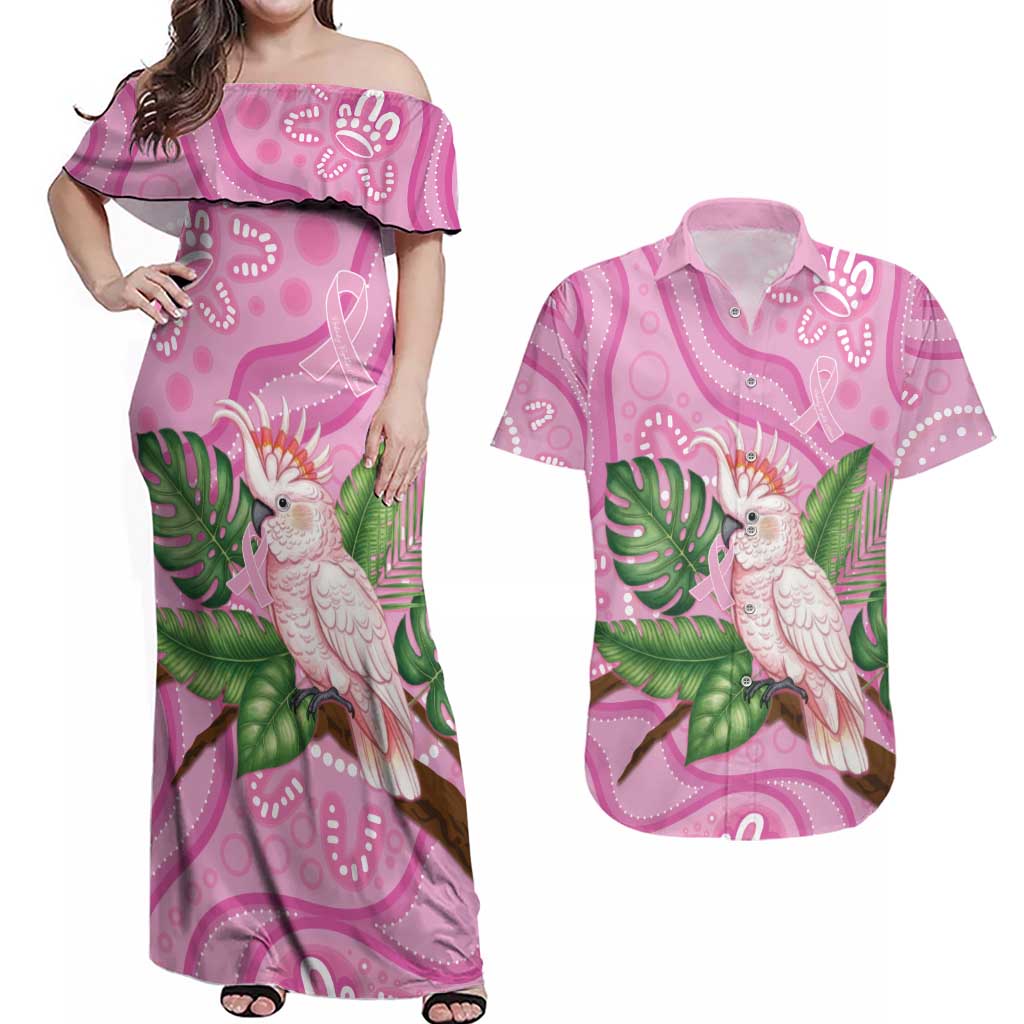 Australia Breast Cancer Awareness Couples Matching Off Shoulder Maxi Dress and Hawaiian Shirt Pink Cockatoo Ribbon Aboriginal Dot Art