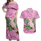 Australia Breast Cancer Awareness Couples Matching Off Shoulder Maxi Dress and Hawaiian Shirt Pink Cockatoo Ribbon Aboriginal Dot Art