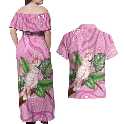 Australia Breast Cancer Awareness Couples Matching Off Shoulder Maxi Dress and Hawaiian Shirt Pink Cockatoo Ribbon Aboriginal Dot Art