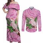 Australia Breast Cancer Awareness Couples Matching Off Shoulder Maxi Dress and Long Sleeve Button Shirt Pink Cockatoo Ribbon Aboriginal Dot Art