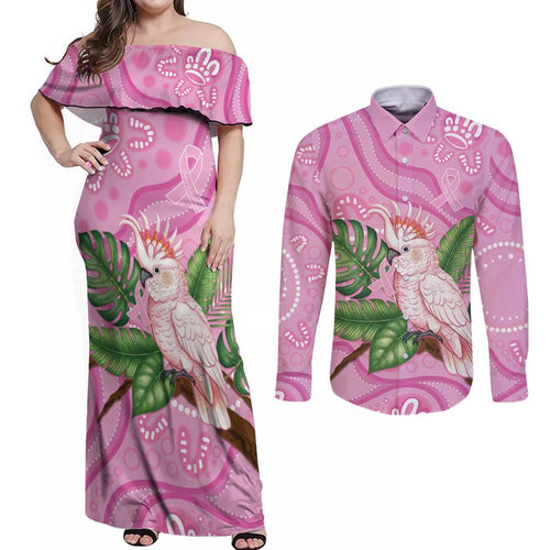 Australia Breast Cancer Awareness Couples Matching Off Shoulder Maxi Dress and Long Sleeve Button Shirt Pink Cockatoo Ribbon Aboriginal Dot Art