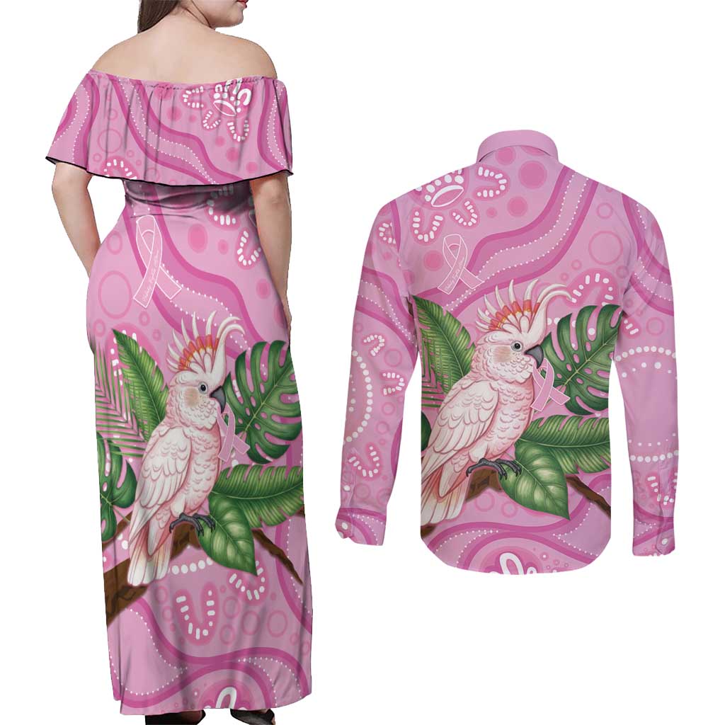 Australia Breast Cancer Awareness Couples Matching Off Shoulder Maxi Dress and Long Sleeve Button Shirt Pink Cockatoo Ribbon Aboriginal Dot Art