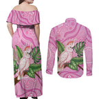 Australia Breast Cancer Awareness Couples Matching Off Shoulder Maxi Dress and Long Sleeve Button Shirt Pink Cockatoo Ribbon Aboriginal Dot Art