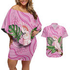 Australia Breast Cancer Awareness Couples Matching Off Shoulder Short Dress and Hawaiian Shirt Pink Cockatoo Ribbon Aboriginal Dot Art