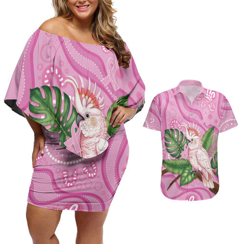 Australia Breast Cancer Awareness Couples Matching Off Shoulder Short Dress and Hawaiian Shirt Pink Cockatoo Ribbon Aboriginal Dot Art