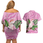 Australia Breast Cancer Awareness Couples Matching Off Shoulder Short Dress and Hawaiian Shirt Pink Cockatoo Ribbon Aboriginal Dot Art