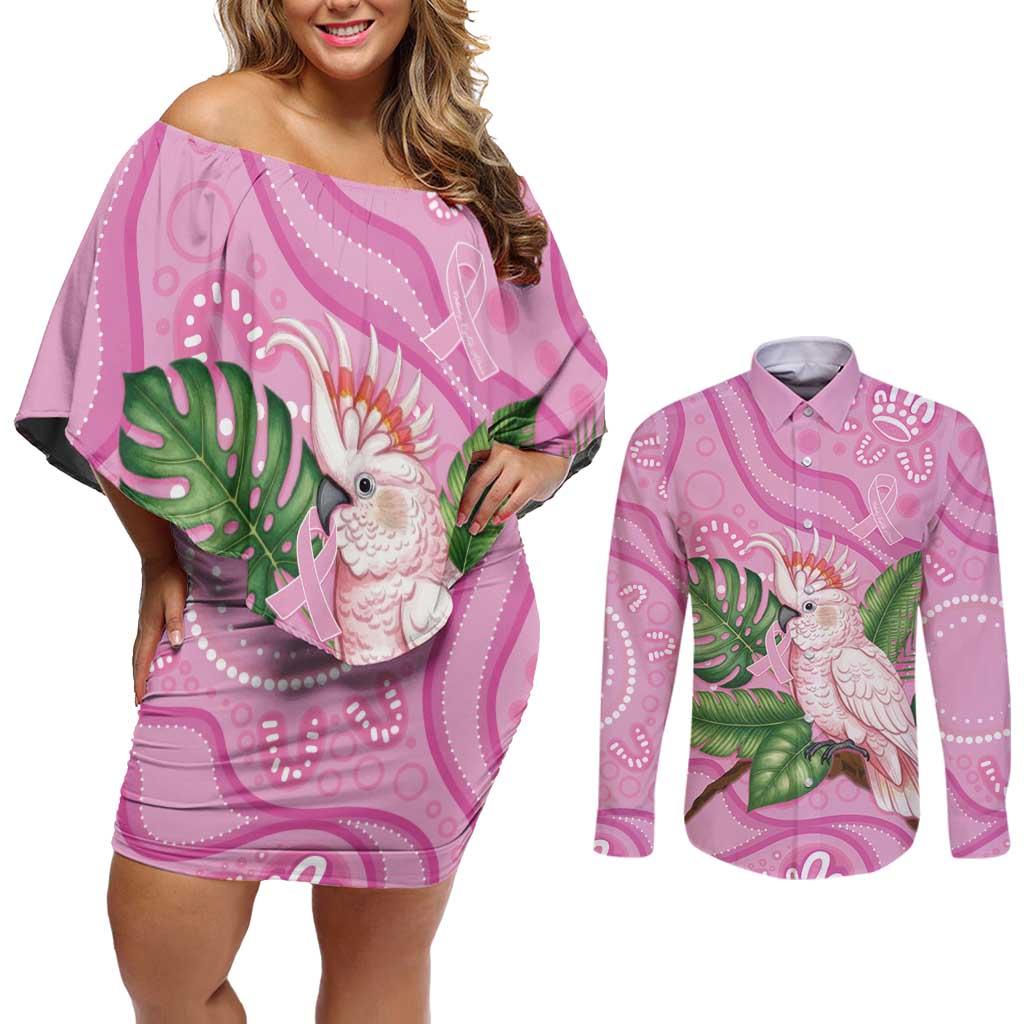 Australia Breast Cancer Awareness Couples Matching Off Shoulder Short Dress and Long Sleeve Button Shirt Pink Cockatoo Ribbon Aboriginal Dot Art