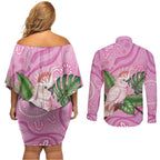 Australia Breast Cancer Awareness Couples Matching Off Shoulder Short Dress and Long Sleeve Button Shirt Pink Cockatoo Ribbon Aboriginal Dot Art