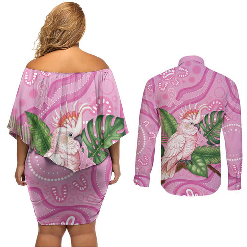 Australia Breast Cancer Awareness Couples Matching Off Shoulder Short Dress and Long Sleeve Button Shirt Pink Cockatoo Ribbon Aboriginal Dot Art
