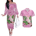 Australia Breast Cancer Awareness Couples Matching Off The Shoulder Long Sleeve Dress and Hawaiian Shirt Pink Cockatoo Ribbon Aboriginal Dot Art