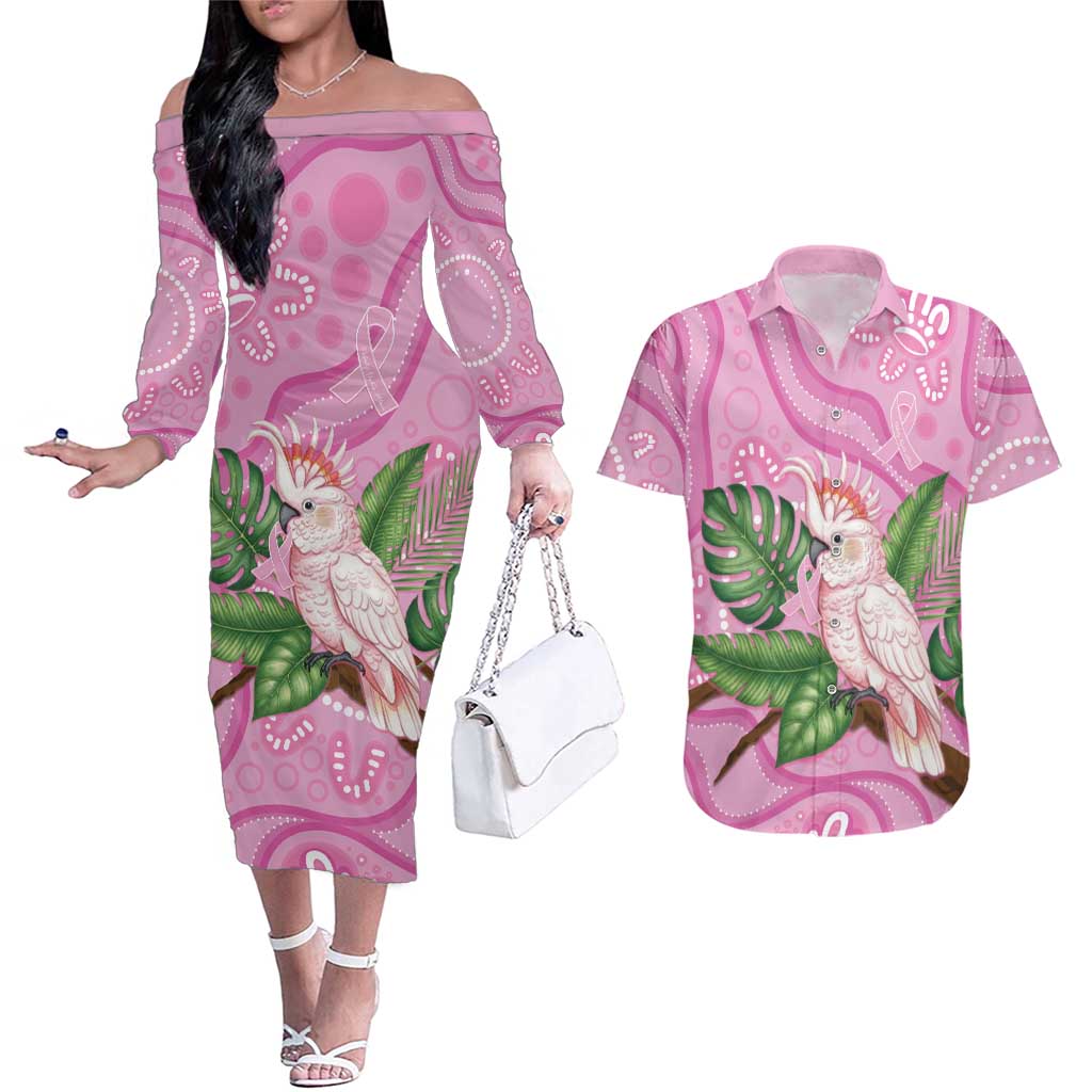 Australia Breast Cancer Awareness Couples Matching Off The Shoulder Long Sleeve Dress and Hawaiian Shirt Pink Cockatoo Ribbon Aboriginal Dot Art